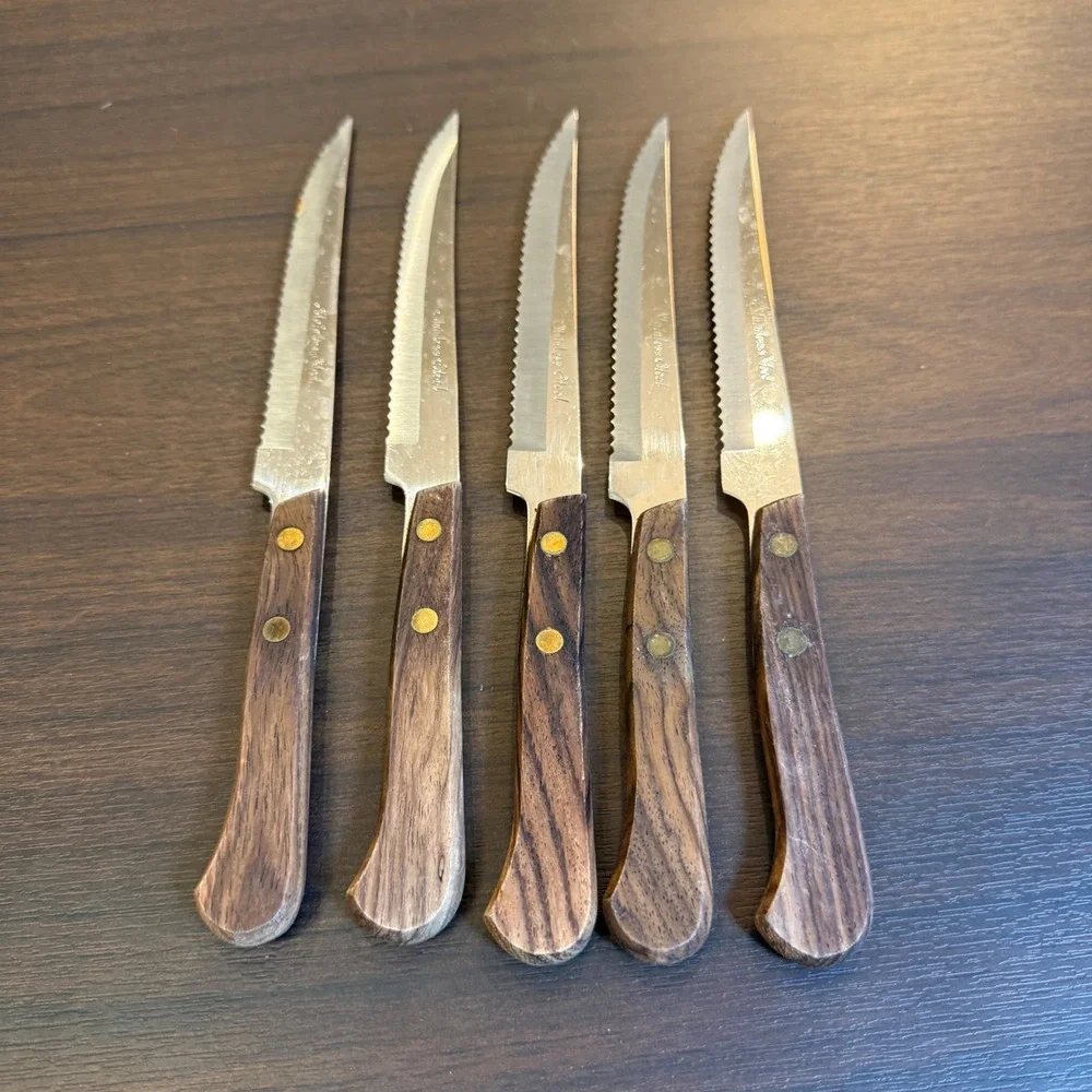 Vintage LC Japan Stainless Steel Serrated Steak Knives Wood Handle Set of 5